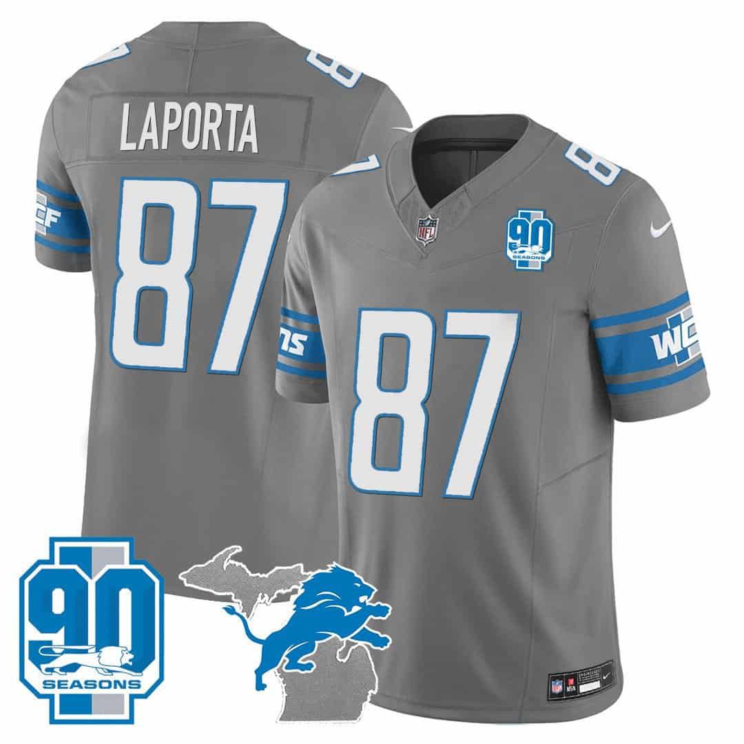 Men Detroit Lions #87 Laporta Grey 2024 Nike 90th Year Michigan Patch Vapor NFL Jersey